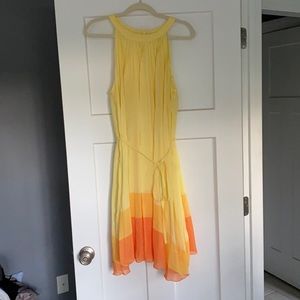 Butter yellow pleated midi dress w/ orange detail